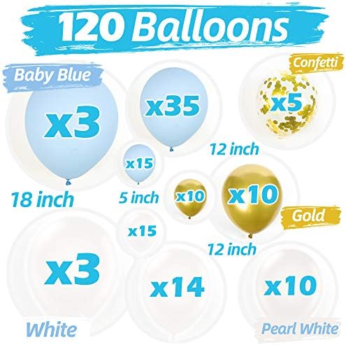 תינוק כחול בלון זר ערכת / בלון קשת ערכת עבור תינוק ילד מקלחת / 120 חבילה | אור פסטל כחול וזהב בלוני